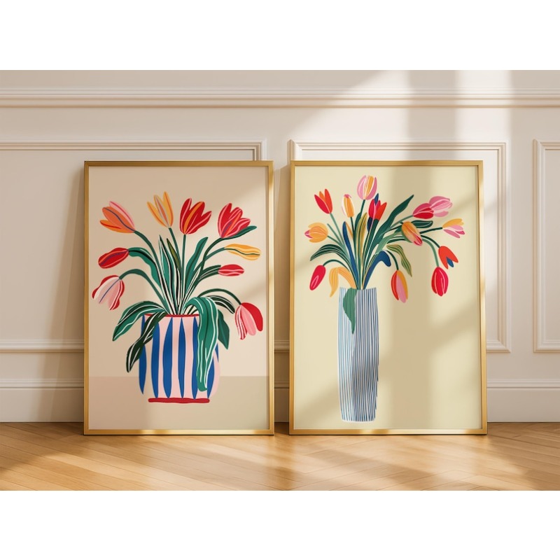 Flower Girl Basket - 2pcs Tulip Flowers Canvas Wall Art,